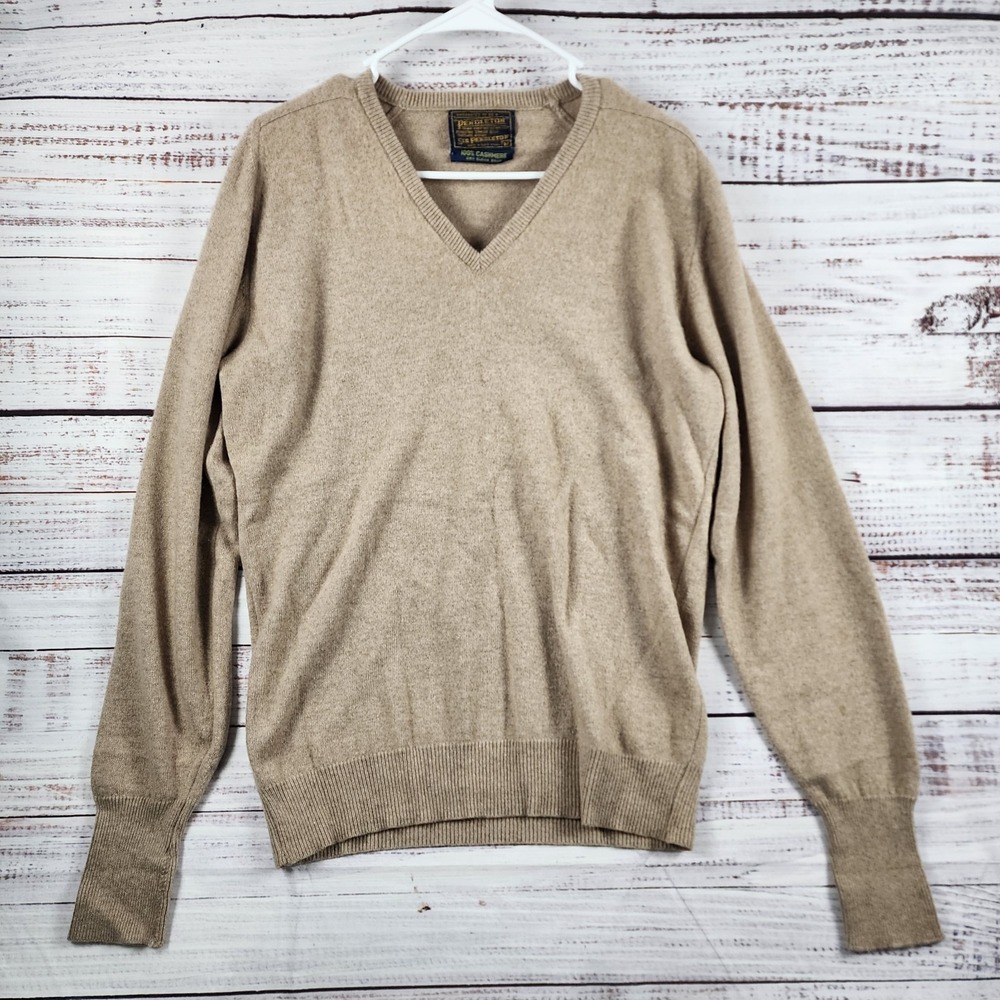 Sir Pendleton Mens Medium 100% Cashmere Pullover Sweater V Neck Beige Oatmeal